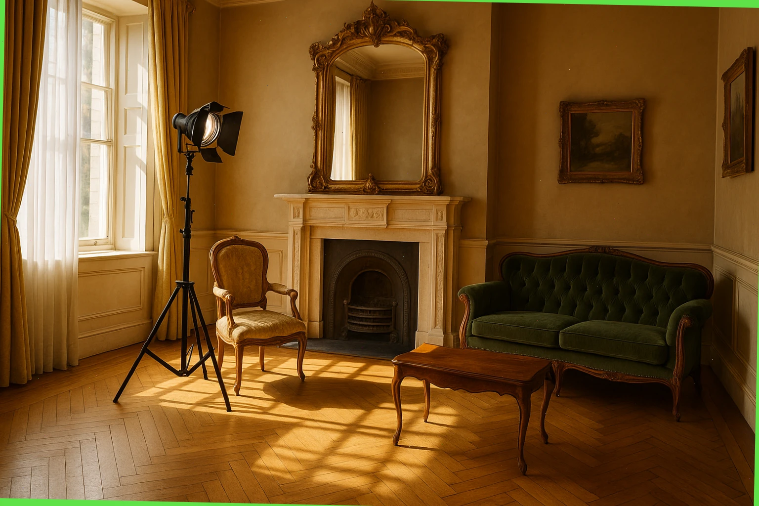 Sunlit drawing room with gilt mirror and antique fireplace prepared for a photoshoot