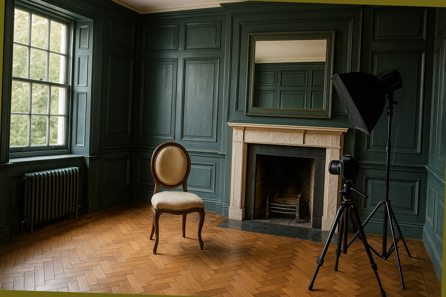 Panelled parlour with sash windows and marble hearth set for portraits