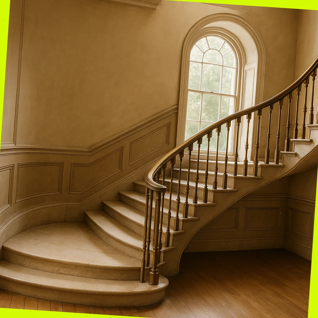 Sweeping staircase with brass rail and tall arched window for editorial looks