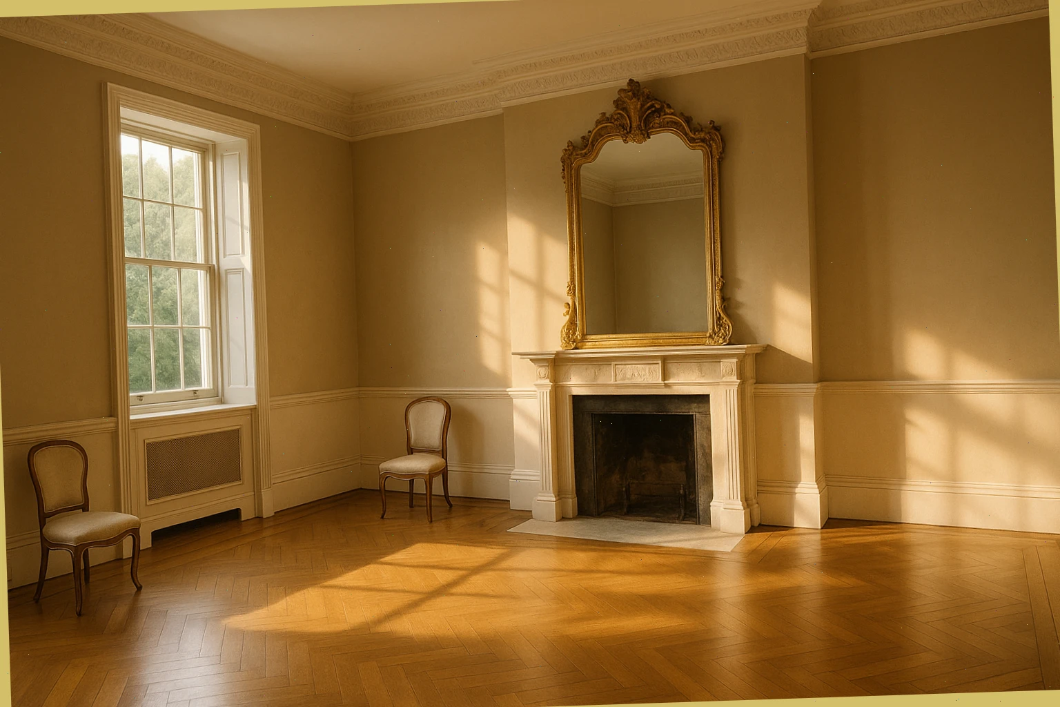 Large drawing room with ornate mirror and soft afternoon light