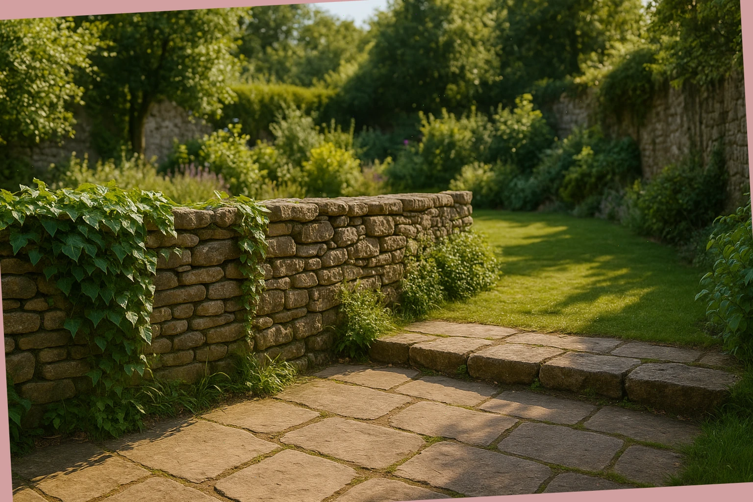 Flagged garden edge with stone wall and ivy for outdoor frames